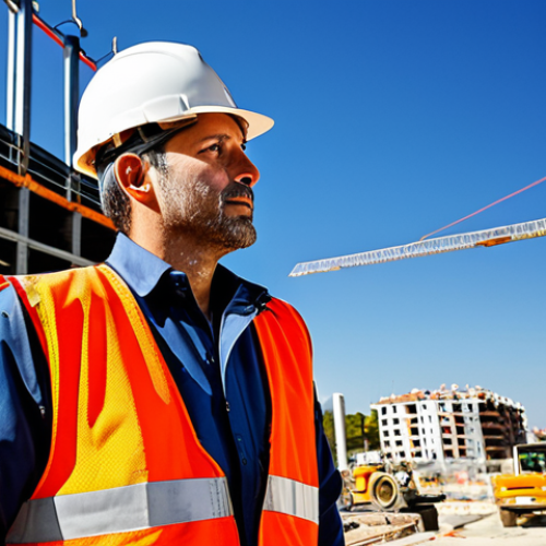 Civil Engineer Inspecting a Construction Site**

"A civil engineer wearing a hard hat and safety vest, fully clothed in appropriate attire, inspecting steel framework on a construction site in Madrid, Spain. Background: Construction workers, cranes, and other equipment. Sunny day.  perfect anatomy, natural proportions, professional, safe for work, appropriate content, realistic, high resolution, detailed, clear focus, modest."

**