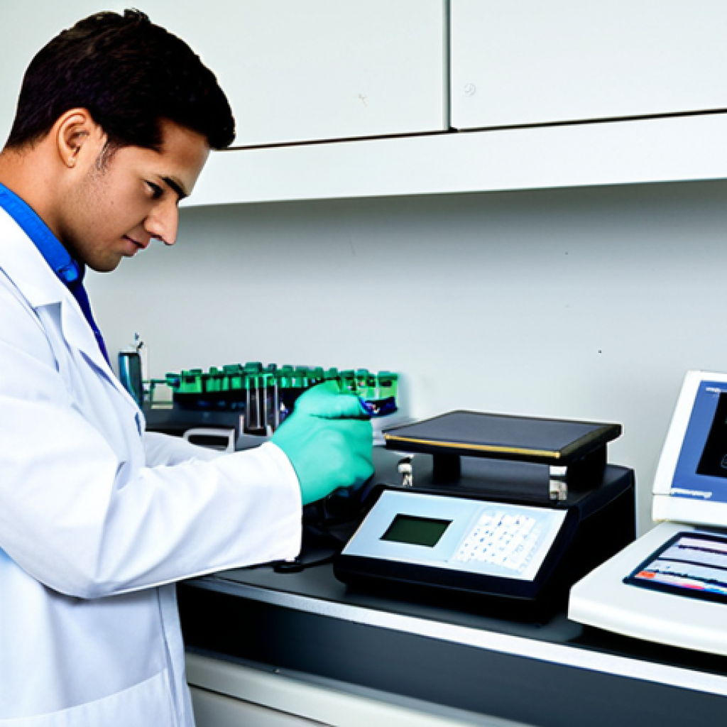 Laboratory Equipment Calibration**

Prompt: A meticulously organized laboratory bench featuring various testing instruments. A technician is calibrating a digital scale using certified calibration weights. Focus on detail: clean workspace, well-lit, calibrated equipment, technician wearing appropriate lab coat. Safe for work. Appropriate content. Fully clothed. Professional. Perfect anatomy, correct proportions, natural pose, high quality, professional photography.

**