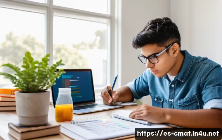 건설재료시험기사 시험 대비 시간 관리 방법 - A focused young adult Hispanic student studying construction materials testing at a tidy wooden desk...