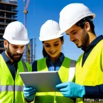Home 19 건설재료시험기사로서의 첫 직장 선택 - A diverse group of young construction technicians in a modern urban construction site in Spain, wear...