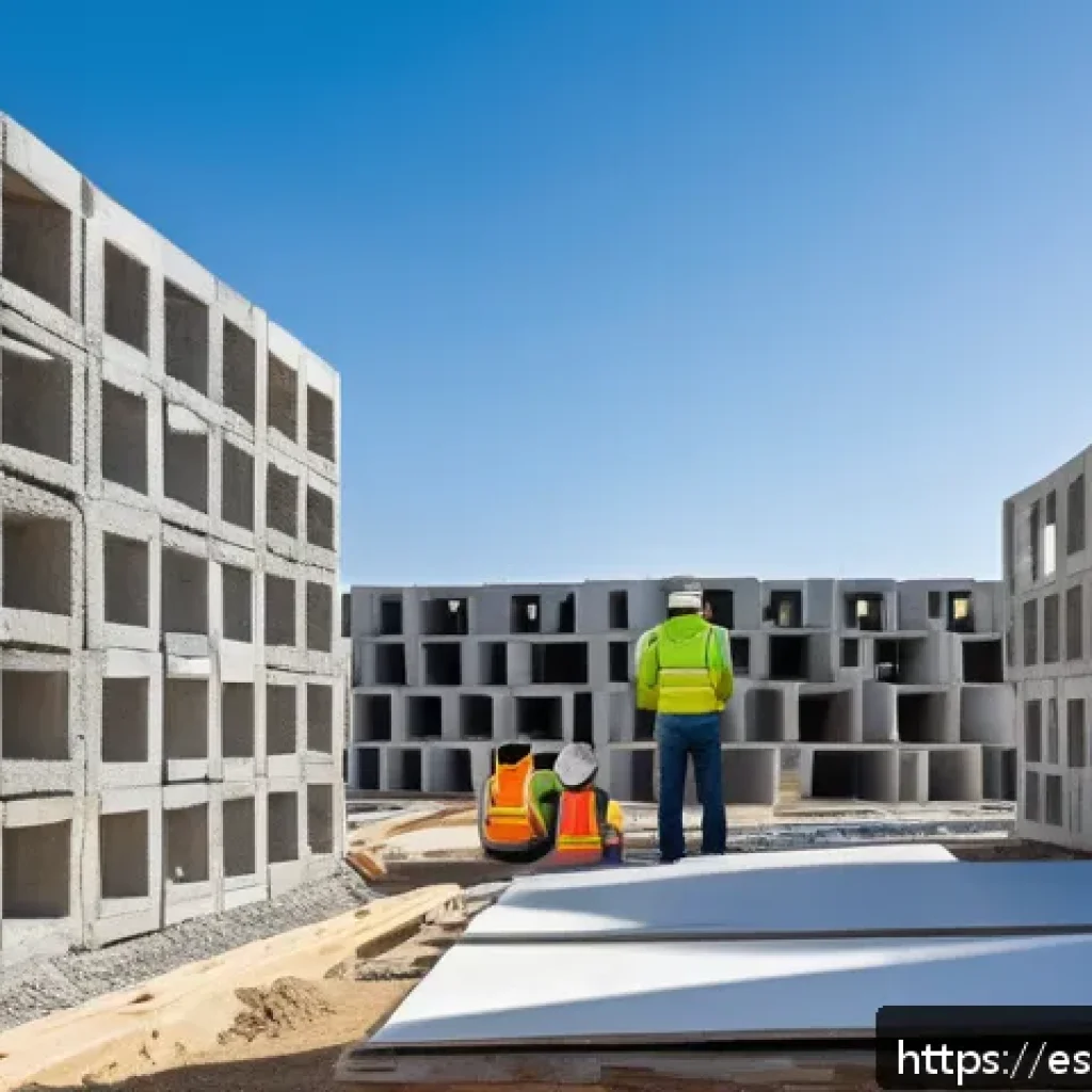 건설재료시험기사 필기시험에서 자주 출제되는 이론 - A modern construction site in Spain showcasing sustainable building materials in use: workers wearin...