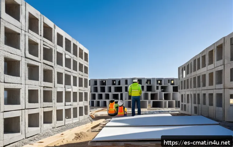 건설재료시험기사 필기시험에서 자주 출제되는 이론 - A modern construction site in Spain showcasing sustainable building materials in use: workers wearin...